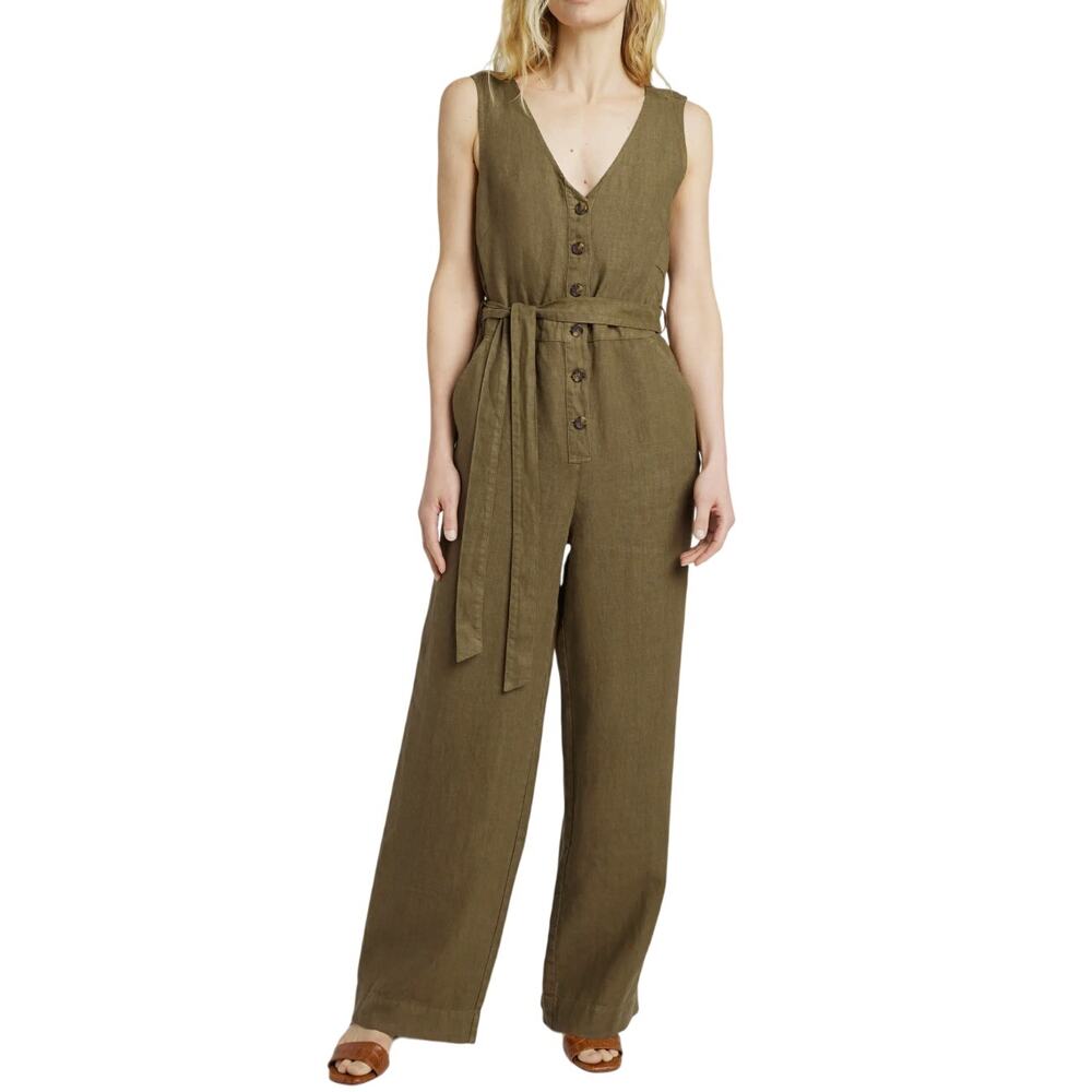 FAHERTY Alina Linen Olive Green Sleeveless Button-Front Jumpsuit